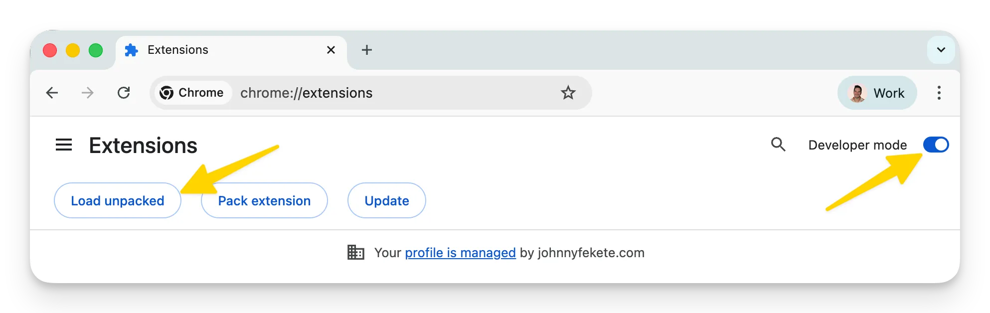 Chrome Extensions page showing Developer mode toggle and Load unpacked button