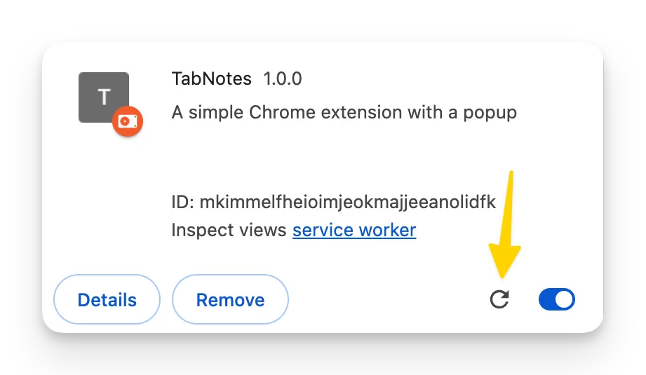Chrome Extensions page showing the reload button for an extension