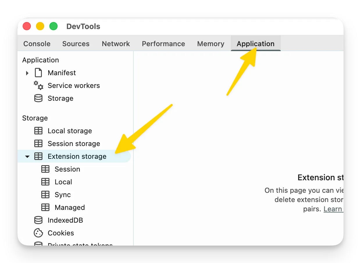 Chrome DevTools showing Application tab with Extension Storage selected